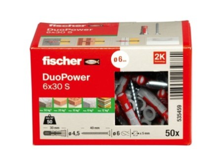 Kołek rozporowy fischer DuoPower 6 x 30 S z wkrętem 00535459