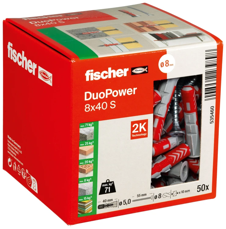 fischer DuoPower 8×40 S 535460 – kołek ze śrubą, uniwersalny, wysoka nośność