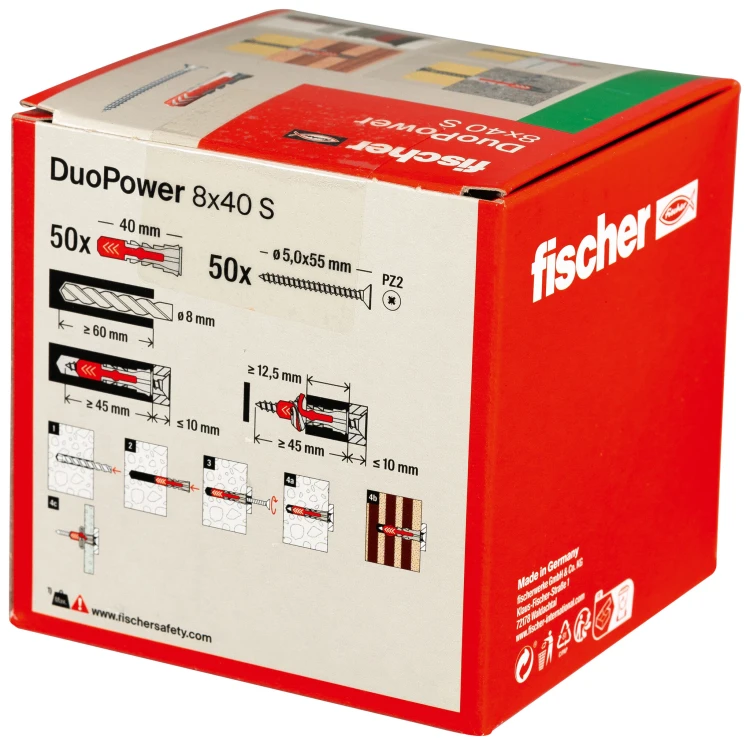 fischer DuoPower 8×40 S 535460 – kołek ze śrubą, uniwersalny, wysoka nośność