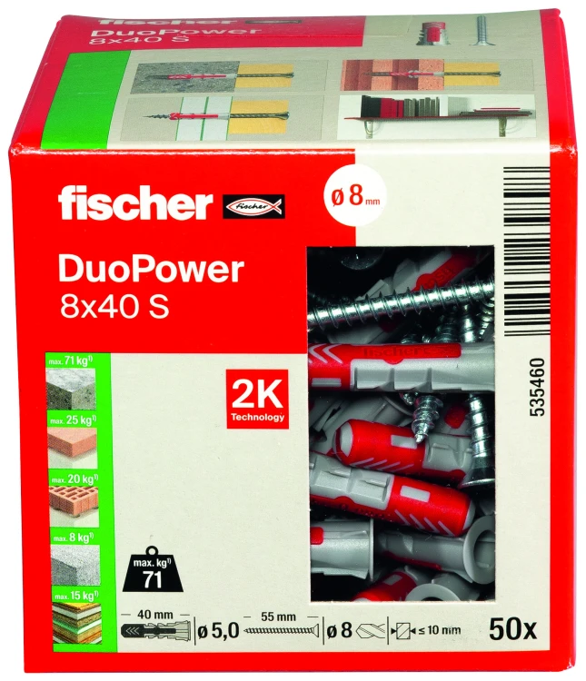 fischer DuoPower 8×40 S 535460 – kołek ze śrubą, uniwersalny, wysoka nośność