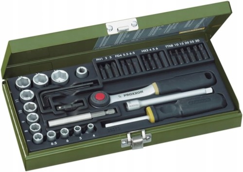 Proxxon 23070 Zestaw kluczy i nasadek 1/4″ 39 el grzechotka + bity w kasecie