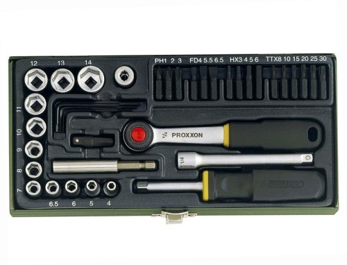 Proxxon 23070 Zestaw kluczy i nasadek 1/4″ 39 el grzechotka + bity w kasecie