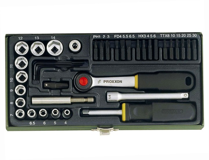 Proxxon 23070 Zestaw kluczy i nasadek 1/4″ 39 el grzechotka + bity w kasecie