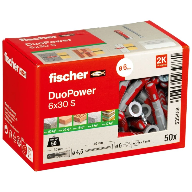 Kołek rozporowy fischer DuoPower 6 x 30 S z wkrętem 50 szt. 00535459