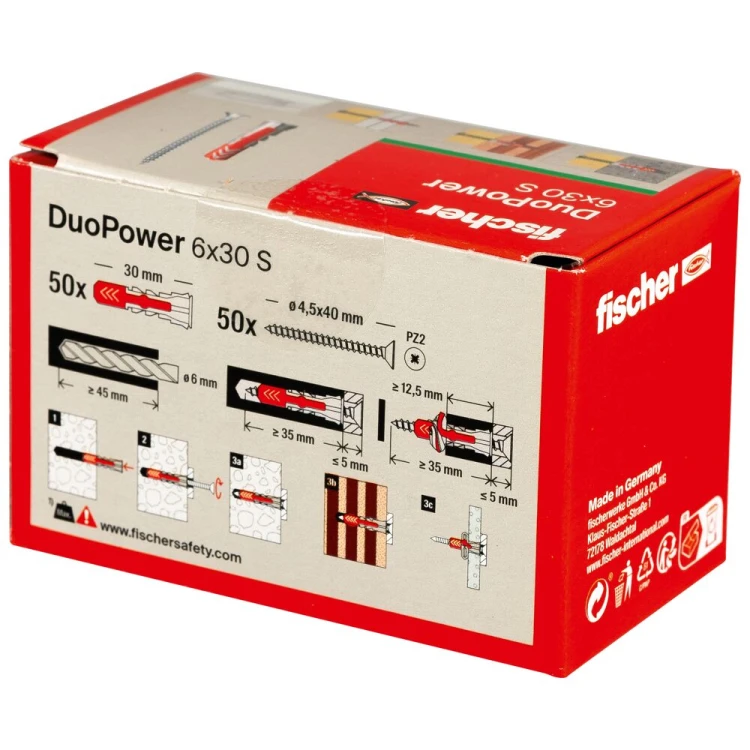 Kołek rozporowy fischer DuoPower 6 x 30 S z wkrętem 50 szt. 00535459