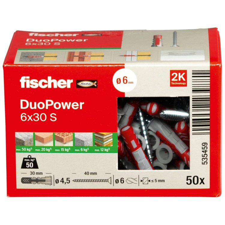Kołek rozporowy fischer DuoPower 6 x 30 S z wkrętem 50 szt. 00535459