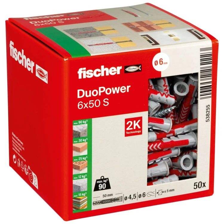 Kołek podstawowy fischer DuoPower 6 x 50 S z wkrętem 50 szt. 00538255