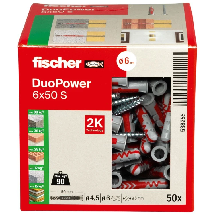 Kołek podstawowy fischer DuoPower 6 x 50 S z wkrętem 50 szt. 00538255