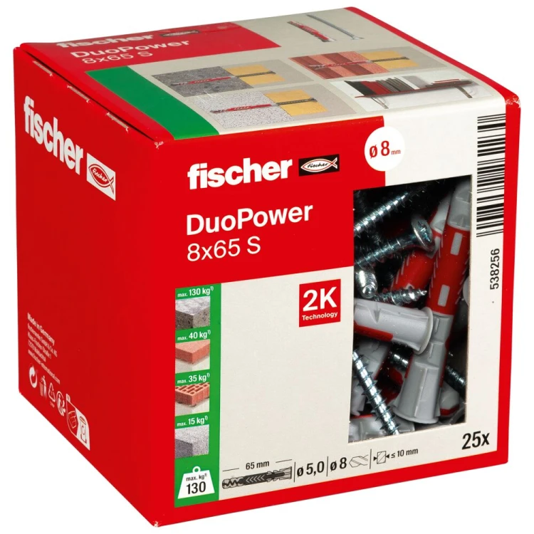 Kołek rozporowy fischer DuoPower 8 x 65 S z wkrętem 25 szt. 00538256