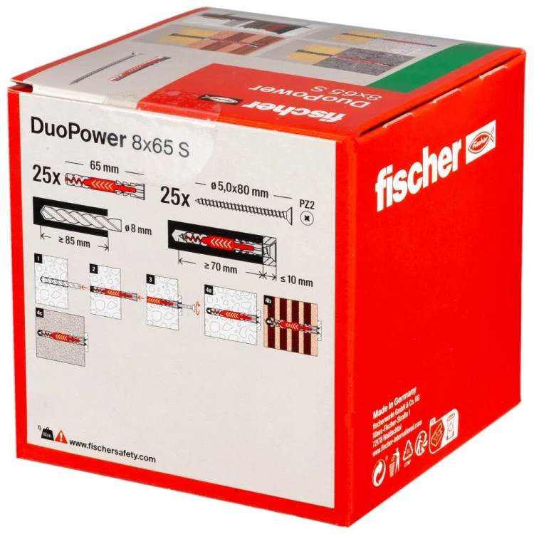 Kołek rozporowy fischer DuoPower 8 x 65 S z wkrętem 25 szt. 00538256