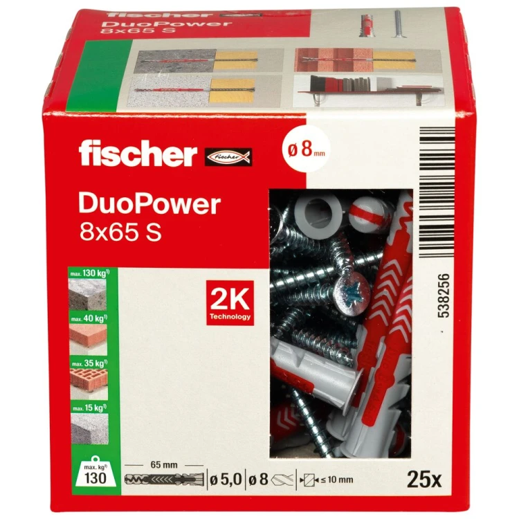 Kołek rozporowy fischer DuoPower 8 x 65 S z wkrętem 25 szt. 00538256