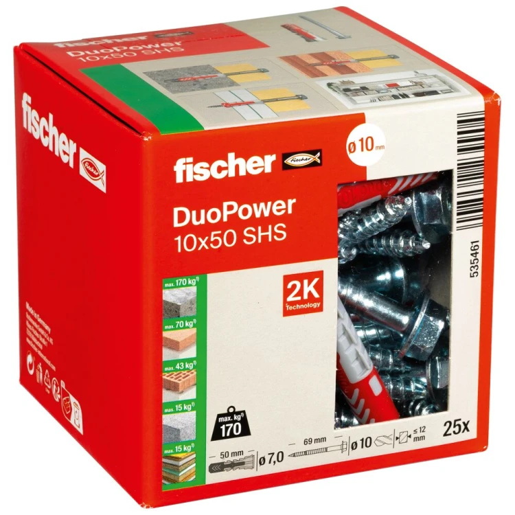 Kołek rozporowy fischer DuoPower 10 x 50 S z bezpiecznym wkrętem 25 szt. 00535461