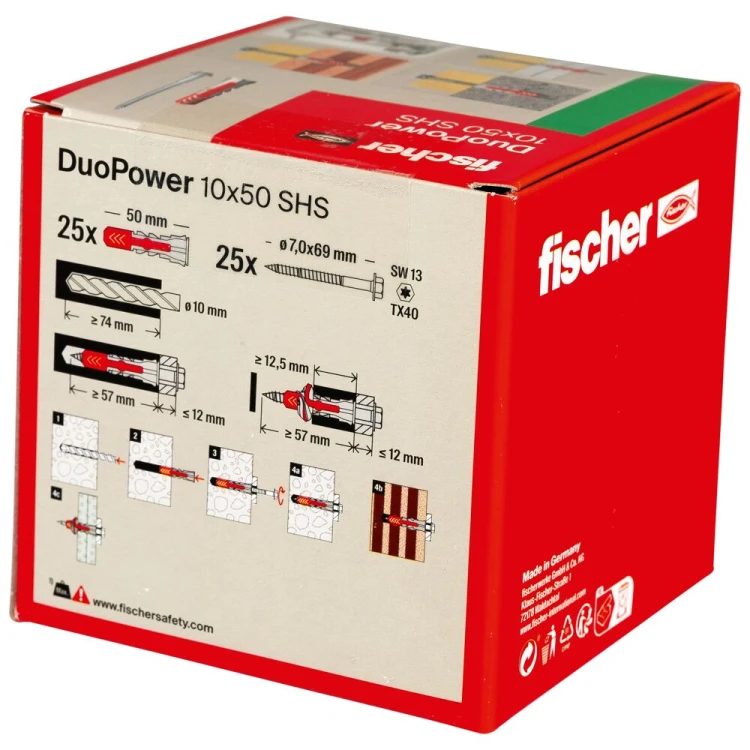 Kołek rozporowy fischer DuoPower 10 x 50 S z bezpiecznym wkrętem 25 szt. 00535461