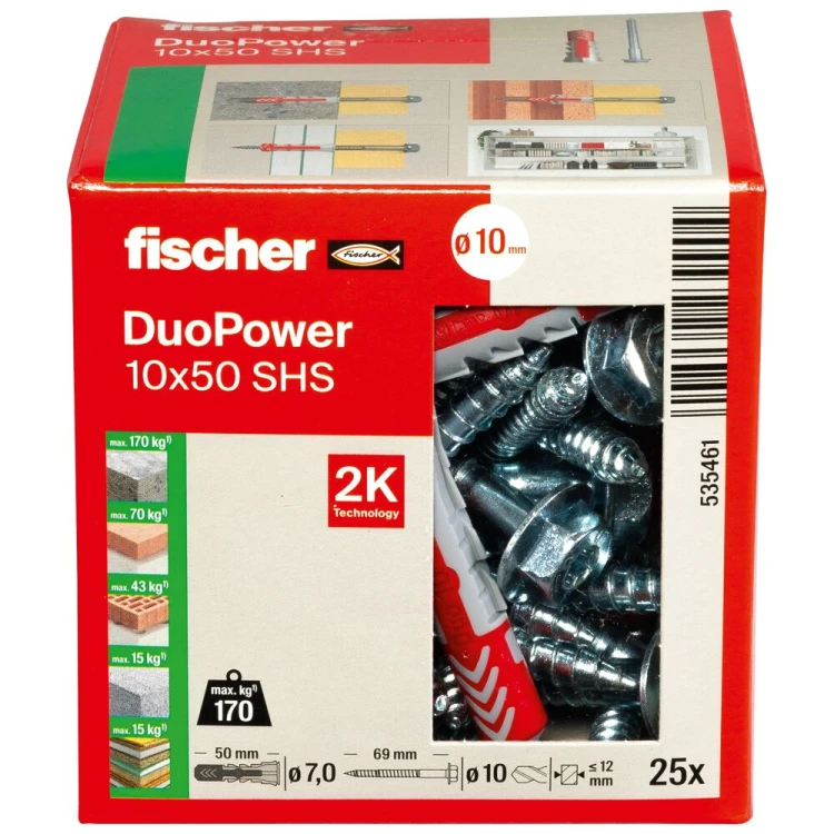 Kołek rozporowy fischer DuoPower 10 x 50 S z bezpiecznym wkrętem 25 szt. 00535461