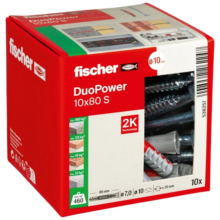 Kołek rozporowy fischer DuoPower 10 x 80 S z bezpiecznym wkrętem 10 szt. 00538257