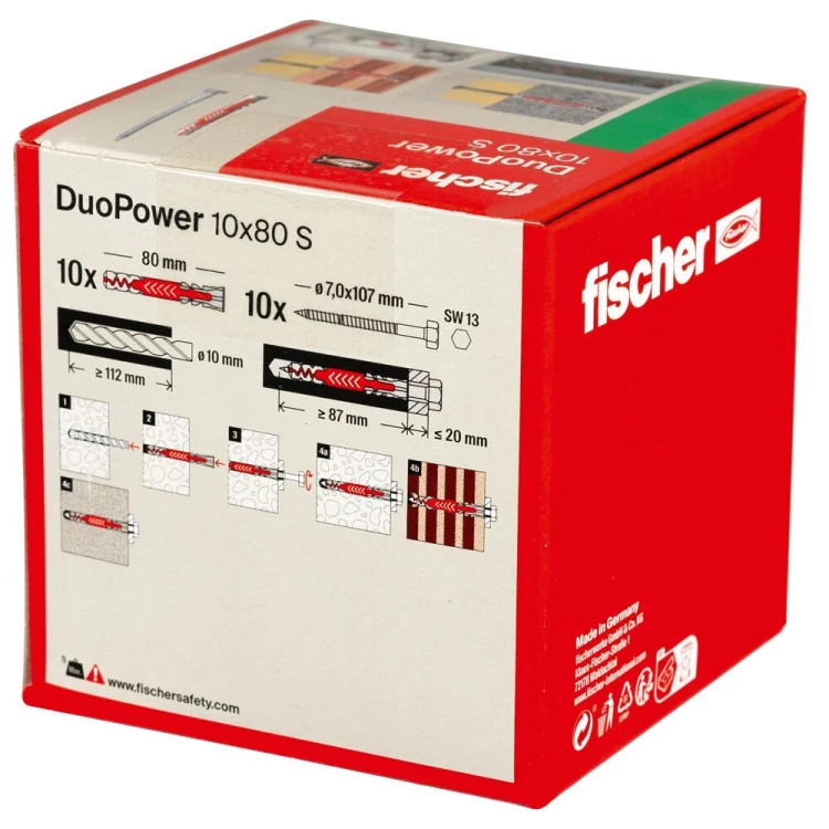Kołek rozporowy fischer DuoPower 10 x 80 S z bezpiecznym wkrętem 10 szt. 00538257