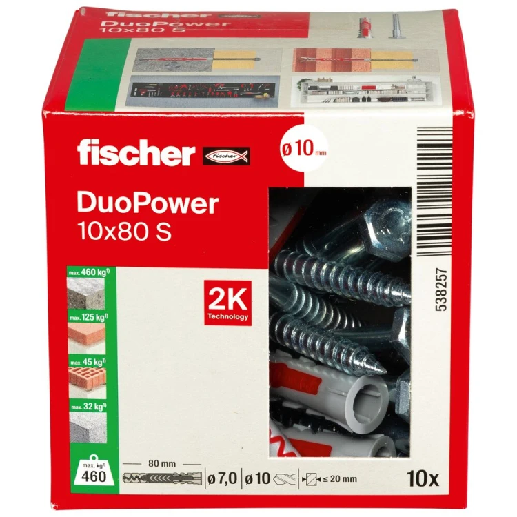 Kołek rozporowy fischer DuoPower 10 x 80 S z bezpiecznym wkrętem 10 szt. 00538257