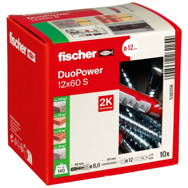 Kołek rozporowy fischer DuoPower 12 x 60 S z bezpiecznym wkrętem 10 szt.  00538258