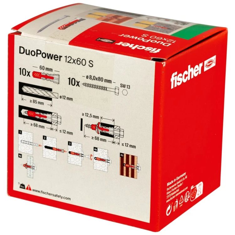 Kołek rozporowy fischer DuoPower 12 x 60 S z bezpiecznym wkrętem 10 szt.  00538258