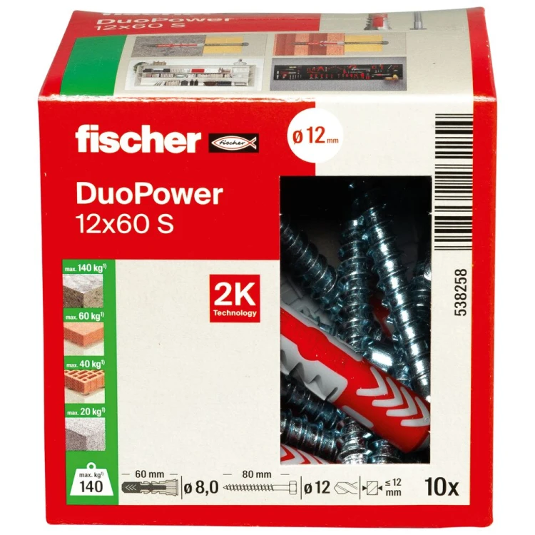 Kołek rozporowy fischer DuoPower 12 x 60 S z bezpiecznym wkrętem 10 szt.  00538258
